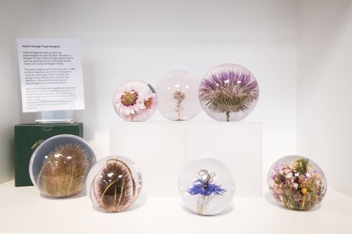 Image of glass paperweights with flowers inside. Items on sale in the Glynn Vivian Art Gallery shop. Photo © Polly Thomas
