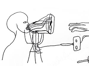 A drawing of a human speaking through a loud speaker