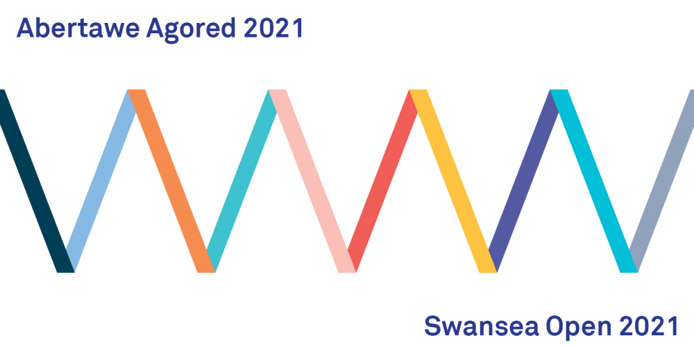 Colourful zigzag with text Abertawe Agored - SwanseaOpen 2021