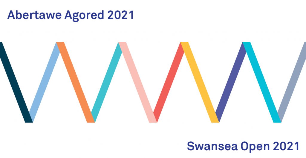 Colourful zigzag with text Abertawe Agored - SwanseaOpen 2021