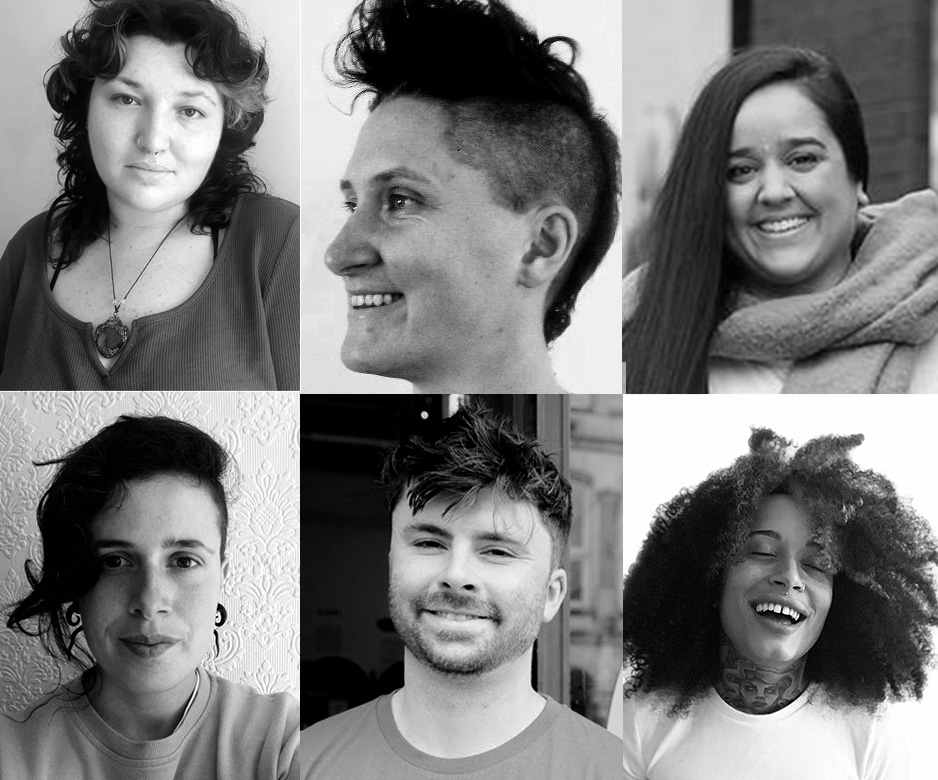 A black and white photo grid of six creatives who make up the LGBTQI+ panel 