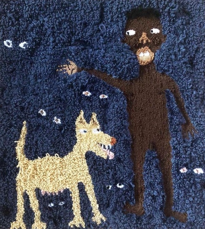 Anya Paintsil, For Levi: Beware the woman dog and her babies, 2021 Acrylic, wool, human hair, kanekalon hair on hessian