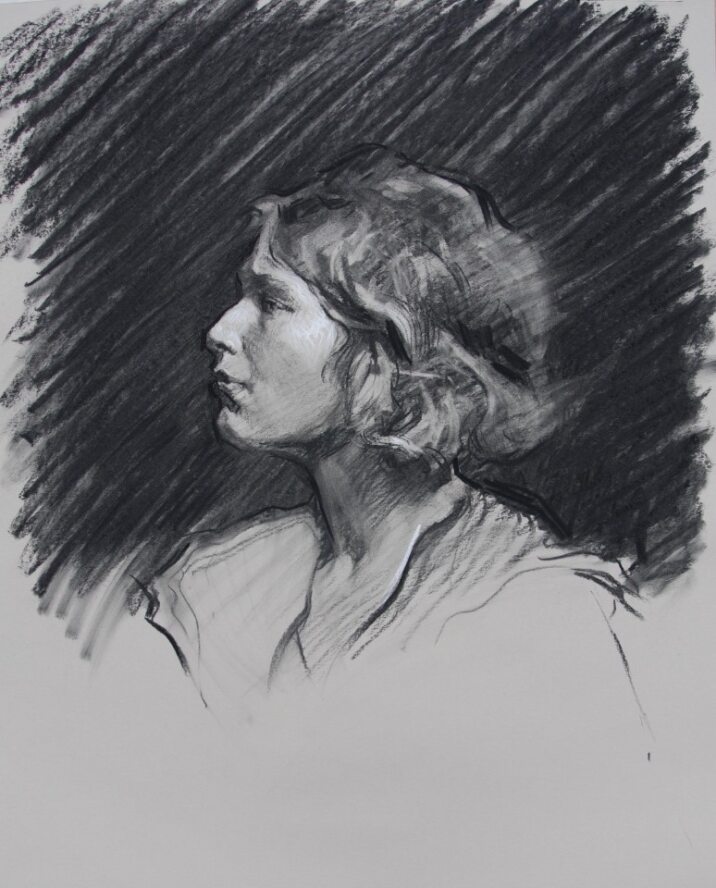Charcoal drawing of a woman with short hair. A sideways view of her head, neck and shoulders. 