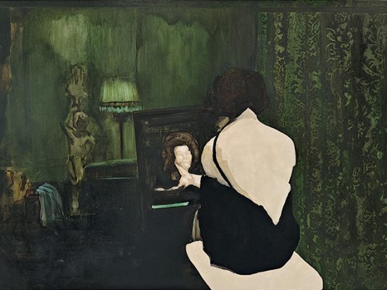 Painting with a figure in the centre looking into a mirror. 