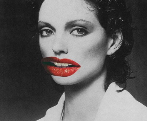 Black and white image of a female figure with bright red lips