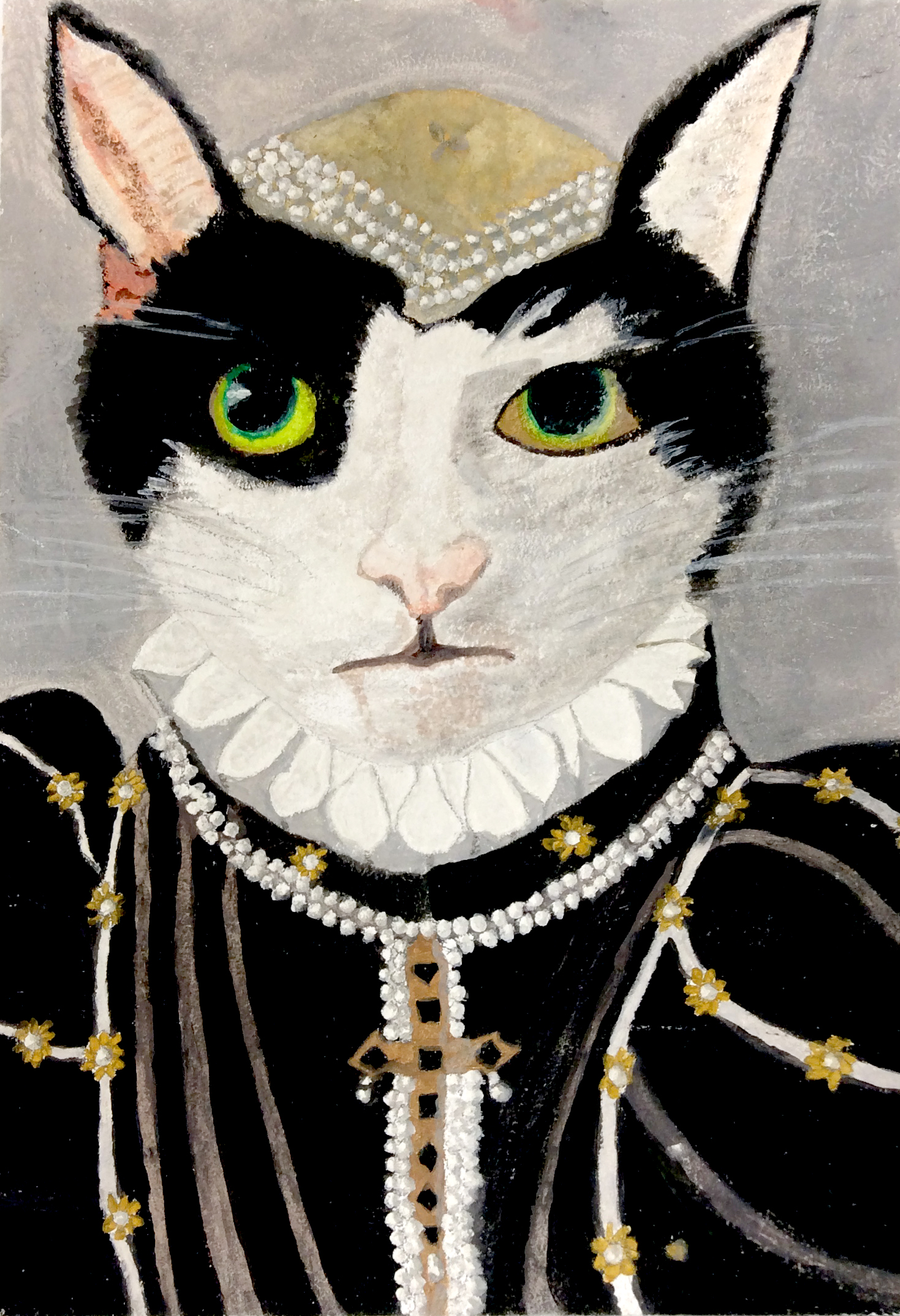 A drawing of  the face of a black and white cat, dressed up in Elizabethan clothing