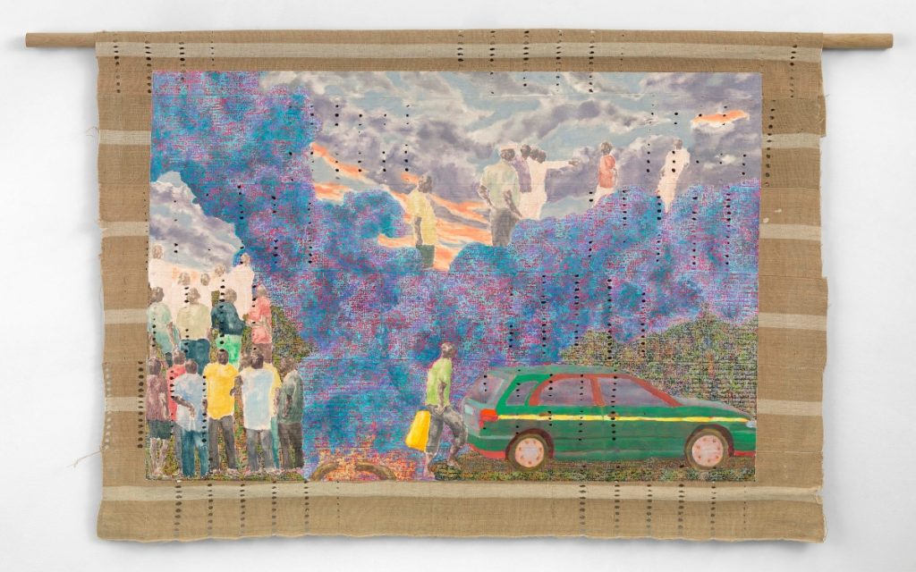 Nengi Omuku, One Particular Man, 2026. This is a colouful painting depciting a green car in teh bottom right hand corner, with purple and blue sky and people / figures in the bottom left hand corner. 